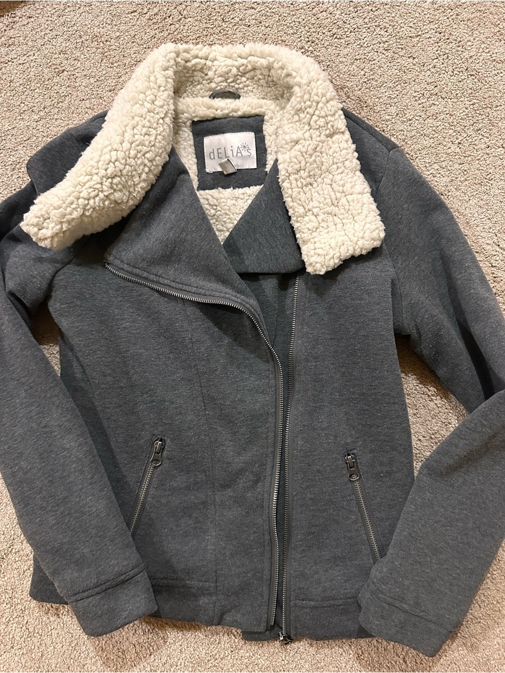 Sz M dELiA*s Gray Teddy Jacket with Cream Sherpa Collar